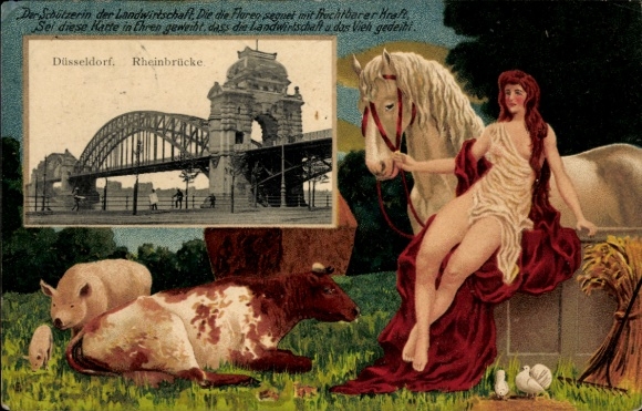 Passepartout Postcard Düsseldorf, Rhine Bridge, Protector of Agriculture, Agricultural Exhibition