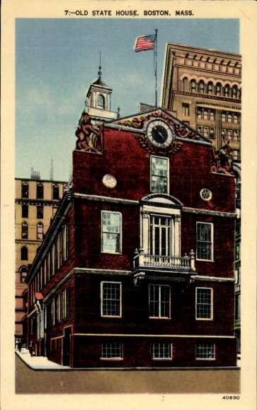 Postcard Boston Massachusetts USA, Old State House, Mass., American flag, architecture