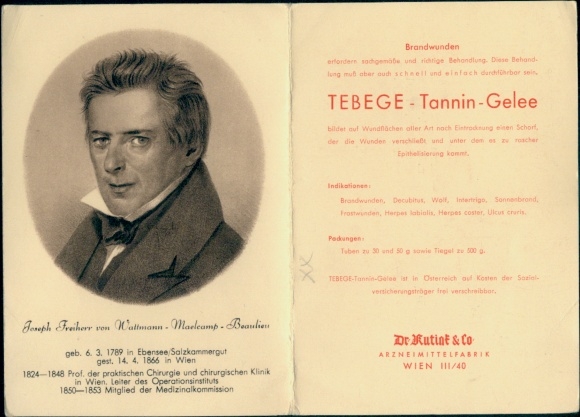 Klapp Postcard Surgeon Joseph Freiherr Wattmann von Maëlcamp-Beaulieu, Advertising Tebege