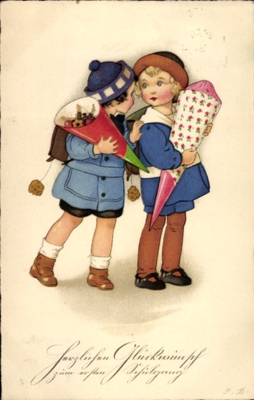 Artist Postcard Baumgarten, Fritz, Congratulations on starting school, children with a sugar cone