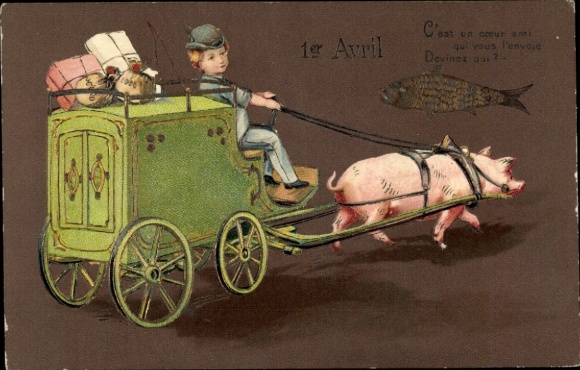 Embossed PC congratulations April 1st, child, carriage, money bags, pig, fish