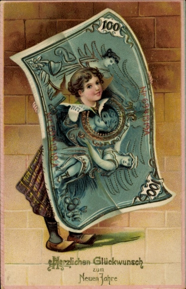 Embosser Postcard Congratulations New Year's, banknote, girl