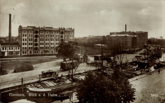 Elmshorn in Holstein, harbor view, ships, industrial buildings