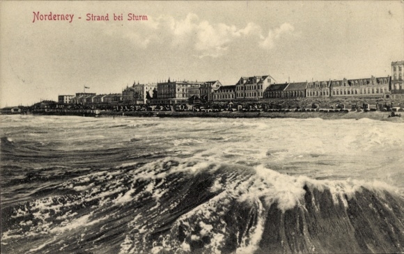 North Sea resort Norderney, East Frisia, beach during storm, waves, coastal view