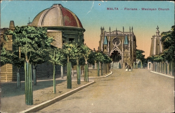 Postcard Floriana Malta, Wesleyan Church, trees, street, Malta
