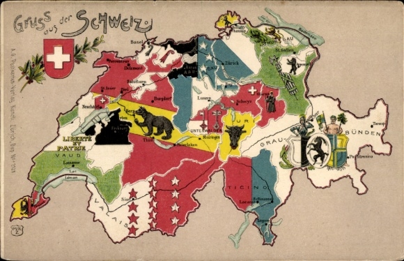 Map lithograph of Switzerland, Basel, Zurich, Graubünden, Vaud, coat of arms