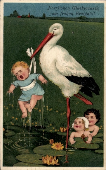 Postcard Stork has brought children, crying boy, pond, birth