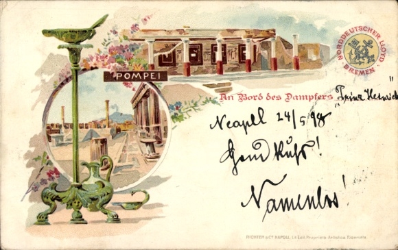Lithograph Pompeii Campania, ruins, candelabra, Norddeutscher Lloyd Bremen