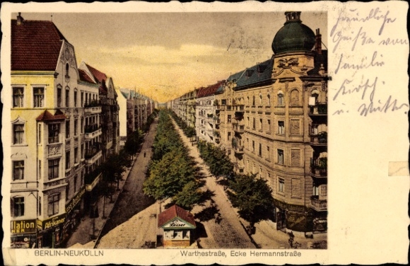 Postcard Berlin Neukölln, Warthestraße, corner of Hermannstraße