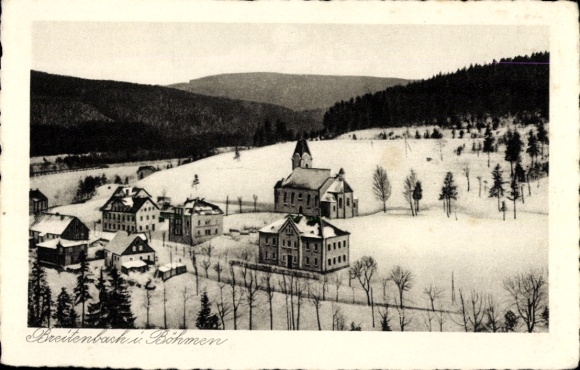 Postcard Potůčky Breitenbach Region Karlovy Vary, snowy landscape, houses, church