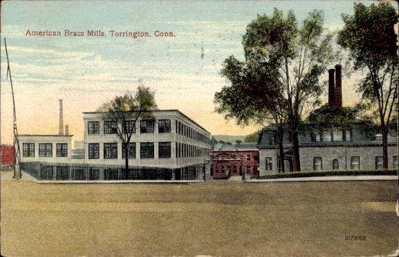 Postcard Torrington Connecticut USA, American Brass Mills, factory building, evening mood, trees in the foreground...