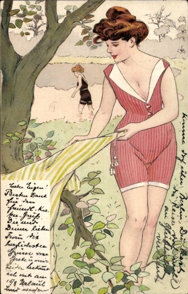 AK woman in striped swimsuit