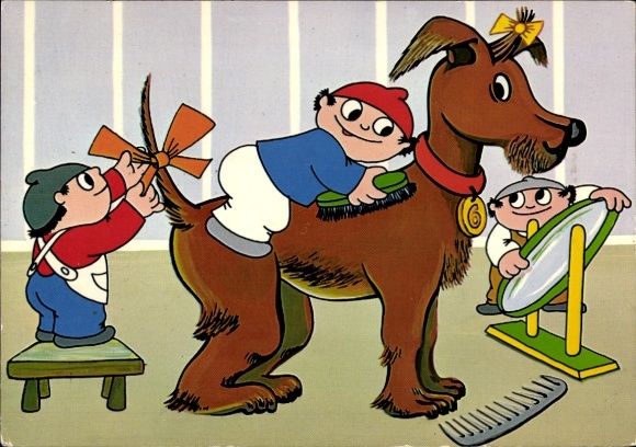 Postcard Mainzelmännchen, beauty salon, dog getting groomed, Second German Television, ZDF