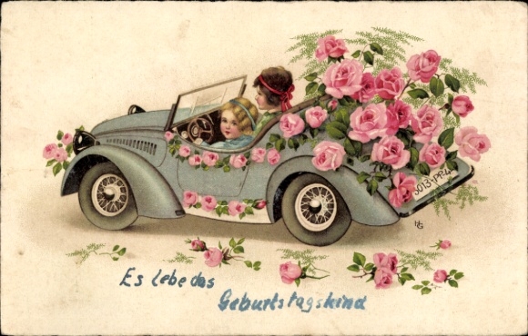 Postcard Happy Birthday, two girls in an open car, roses