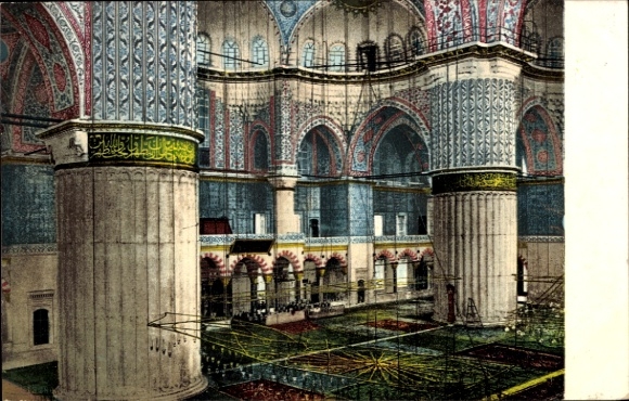 Postcard Constantinople Istanbul Türkiye, interior view of the Sultan Ahmed Mosque, columns, colorful ornaments