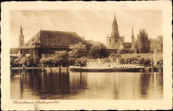 Lake Constance, harbor scene, ship, town of Meersburg
