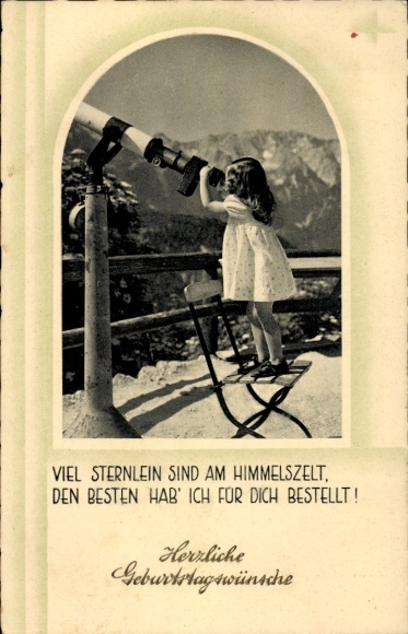 Passepartout Postcard Congratulations Birthday, girl looking through a telescope