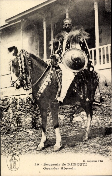 Postcard Djibouti Djibouti, Abyssinian warrior on horseback, traditional clothing, souvenir from Djib