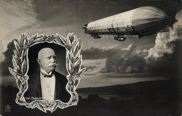 Postcard airship in flight, portrait of Count Zeppelin, laurel wreath, LZ 4