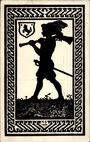 Paper cut Postcard Sievers, Rudolf, The Soldier, Art portfolio Black Games, pen drawing