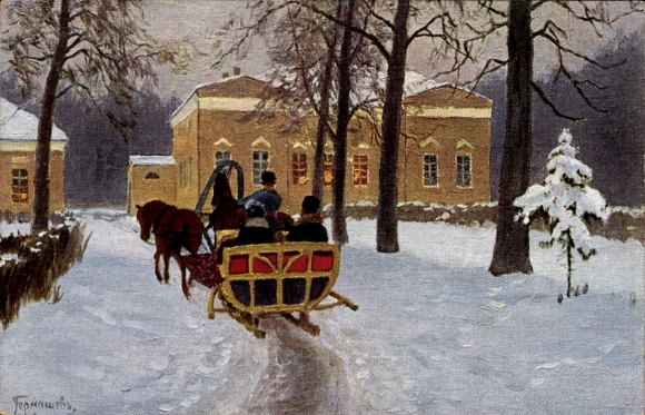 Artist Postcard M. Germaschew, Christmas visit, sleigh team