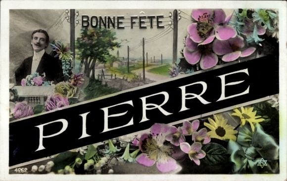 Letters Ak, first name Pierre, male portrait, flowers