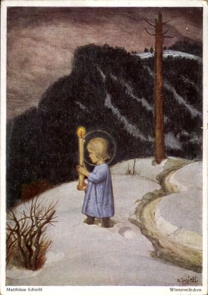 Artist Postcard Schiestl, Matthew, Winter Fairy Tale, Child with Candle in the Snow