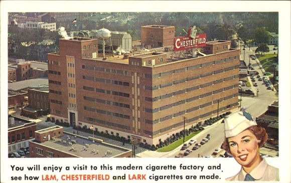 Postcard Durham North Carolina USA, cigarette factory, L&M, Chesterfield, Lark, advertising