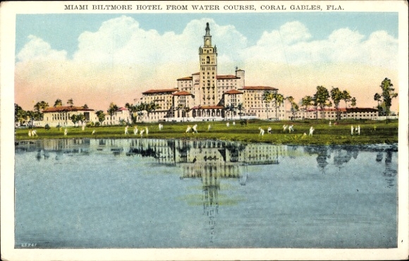 Postcard Coral Gables Florida USA, Miami Biltmore Hotel, water view, reflecting water, trees...