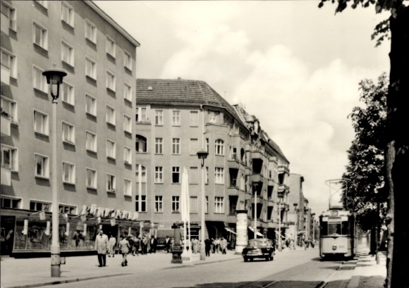 Postcard Berlin Prenzlauer Berg, Schönhauser Allee, shops, tram, advertising column