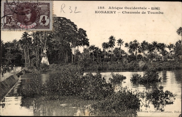 Conakry, Guinea, river landscape, palm trees, postmark, Guinea