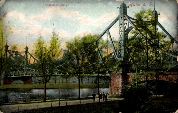 Halle an der Saale, Peissnitz Bridge, trees, river, people
