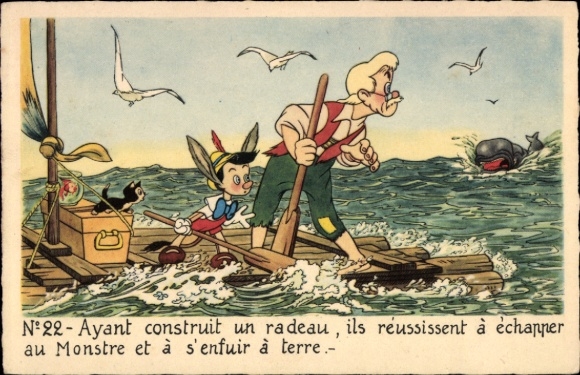 Postcard Walt Disney, Pinocchio, Geppetto, Lake, Raft