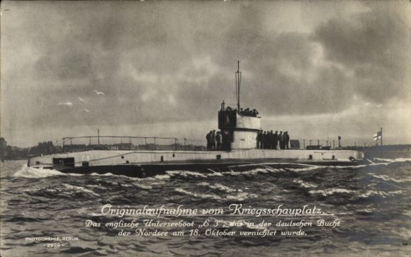 English submarine HMS E 3, destroyed in the German Bight of the North Sea on October 18th.