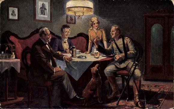 Artist Postcard W. Ebbinghaus, From a great time, wounded soldier tells his story at home