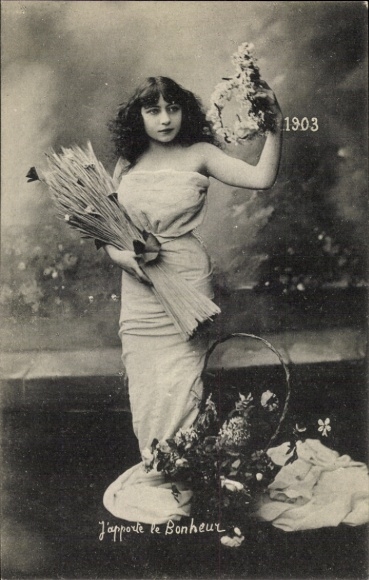 Postcard year 1903, woman in white dress, harvest, basket