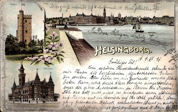 Chromo-Litho Helsingborg Sweden, Kärnan, town hall, total view