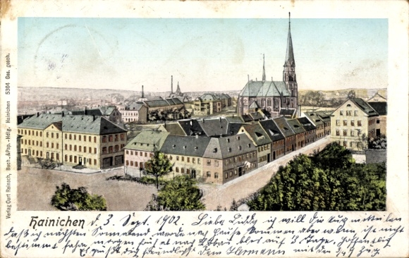 Golden Windows illuminated window Postcard Hainichen in Saxony, partial view, church