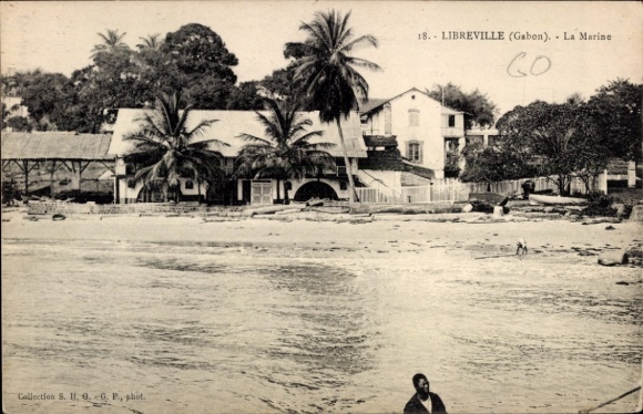 Postcard Libreville Gabon, beach view, buildings, palm trees, water, Gabon