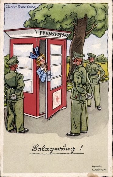 Artist Postcard Iversen, soldier humor, siege, soldiers, woman in telephone booth