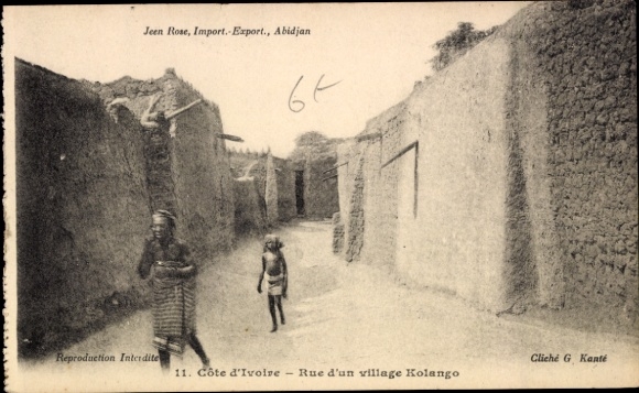 Postcard Kolango Ivory Coast, village street, Côte d'Ivoire, people, traditional clothing