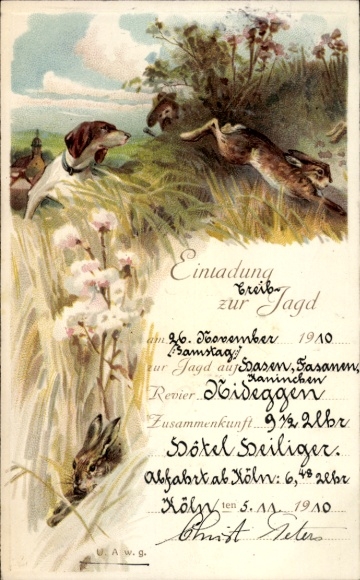 Lithograph invitation to a hunt, Cologne, Hotel Heiliger