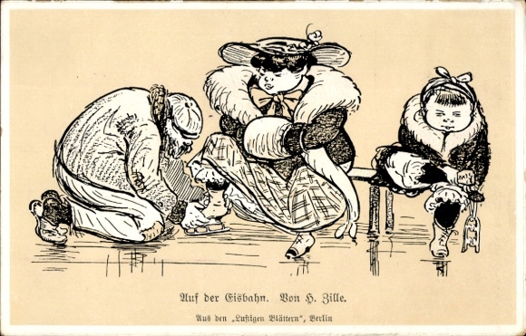Artist Postcard Zille, Heinrich, On the ice rink, Humor