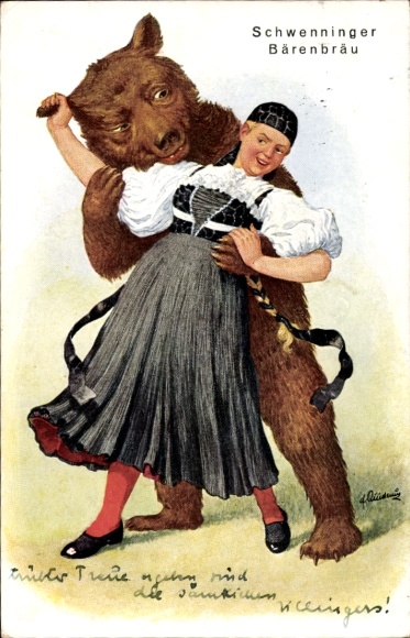 Artist Postcard Schwenninger Bärenbräu, woman in traditional costume with brown bear, advertising