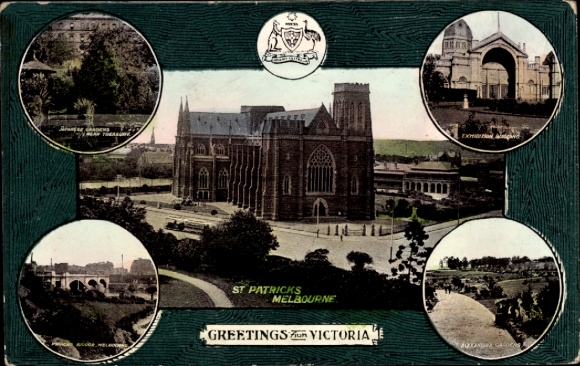 Postcard Melbourne Victoria Australia, Saint Patrick's Church, city views
