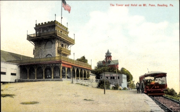 Postcard Reading Pennsylvania USA, tower and hotel on Mt. Penn, American flag, tram