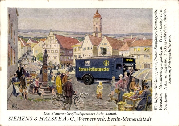 Artist Postcard Siemens-Large Loudspeaker-Car is coming, Siemens Halske AG, Wernerwerk, Berlin Siemensstadt