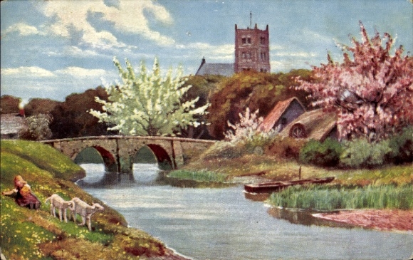 Puzzle Postcard river landscape with sheep, bridge, church tower, blossom