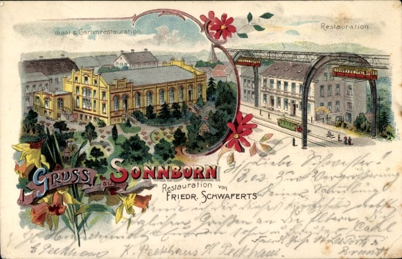 Lithograph Sonnborn Wuppertal in North Rhine-Westphalia, Restaurantion, suspension railway