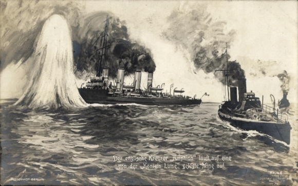 The English cruiser Amphion runs aground on a mine laid by the Queen Louise ship.